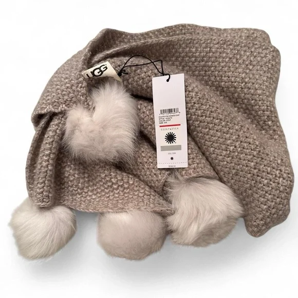 NWT UGG Quatro Pom Cashmere Scarf in Oatmeal Heather - Picture 3 of 3